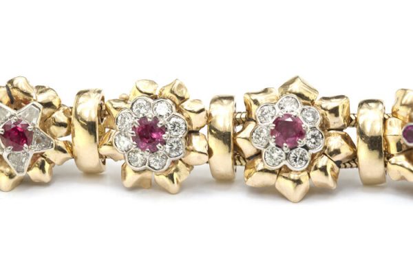 Vintage 7ct Diamond and Ruby Cluster Bracelet in 18ct Yellow Gold