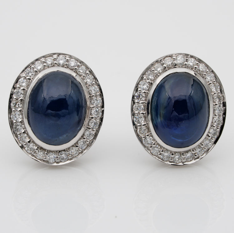 Vintage 6.50ct Natural No Heat Cabochon Sapphire and Diamond Cluster Earrings in Platinum
