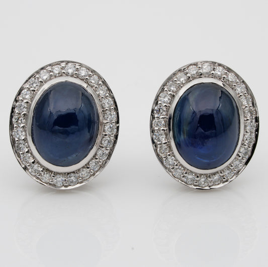 Vintage 6.50ct Natural No Heat Cabochon Sapphire and Diamond Cluster Earrings in Platinum