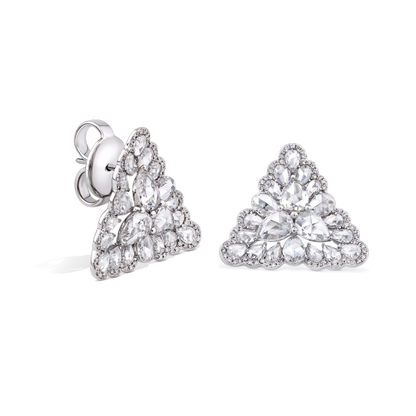 Rose Cut Diamond Triangular Petal Stud Earrings; set with 3.81 carats pear-shaped rose-cut diamonds accented by 150 micro-pave set round brilliant-cut diamonds, in 18ct white gold