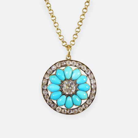 Victorian Old Cut Diamond and Turquoise Flower Pendant, 3.20 Carat Total