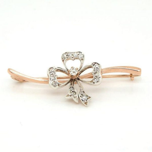 Antique Edwardian Diamond Three Leaf Clover Bar Brooch; Art Nouveau style, diamond-set three leaf clover, set in silver, on gold bar brooch