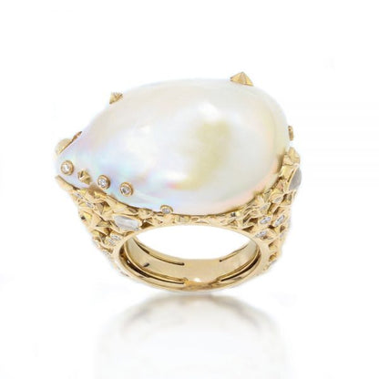 Bibi Van Der Velden Pearl Moonstone Diamond Ring; featuring a large baroque pearl encased in an 18ct yellow gold setting shaped into clusters of stars and set with moonstones and diamonds