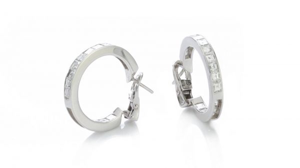 Bvlgari Princess Cut Diamond Hoop Earrings; channel set with square cut diamonds, 1.80 carat total, in 18ct white gold