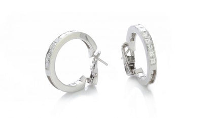 Bvlgari Princess Cut Diamond Hoop Earrings; channel set with square cut diamonds, 1.80 carat total, in 18ct white gold