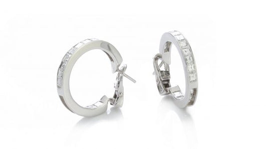 Bvlgari Princess Cut Diamond Hoop Earrings; channel set with square cut diamonds, 1.80 carat total, in 18ct white gold
