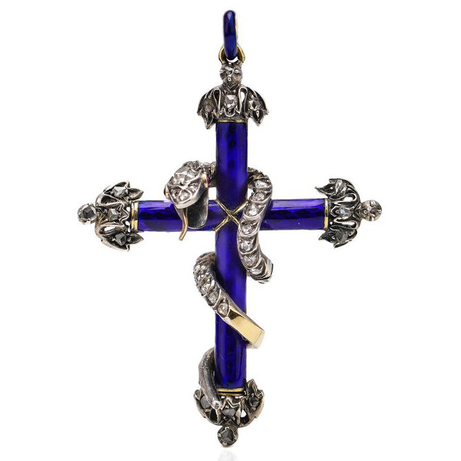 Antique Victorian Old Cut Diamond and Blue Enamel Snake Cross Pendant