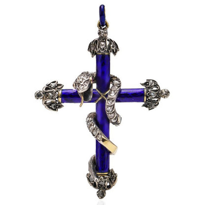 Antique Victorian Old Cut Diamond and Blue Enamel Snake Cross Pendant