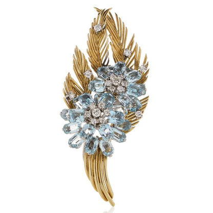 Vintage 10cts Aquamarine Diamond Gold Feather Spray Brooch, Circa 1970s