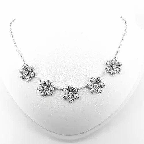 Diamond Daisy Flower Cluster Necklace; featuring five daisy flowers set with 3.75 carats of brilliant cut diamonds, in 18ct white gold