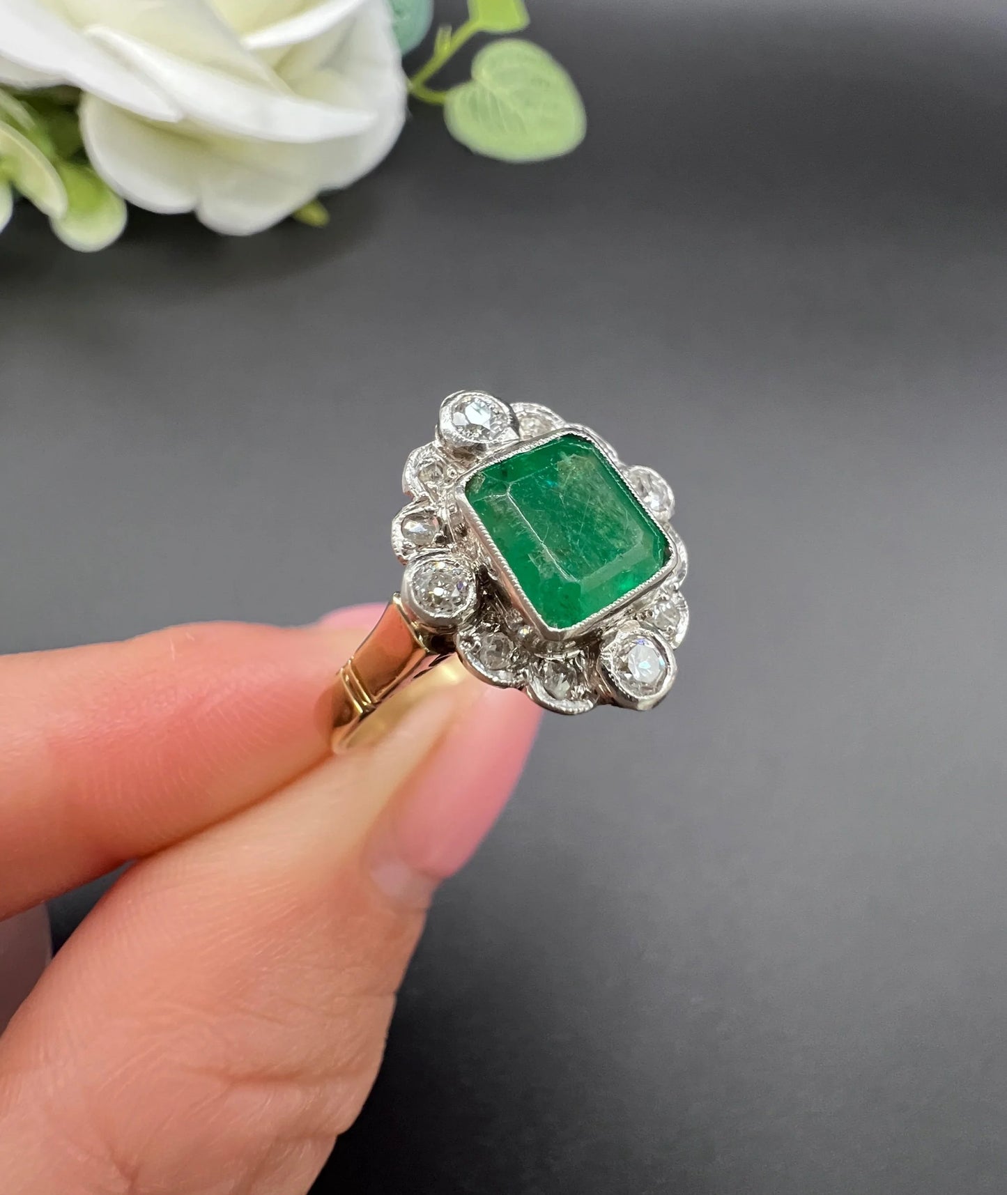 Vintage 18ct Gold, 1940s Emerald & Diamond Cluster Dress Ring
