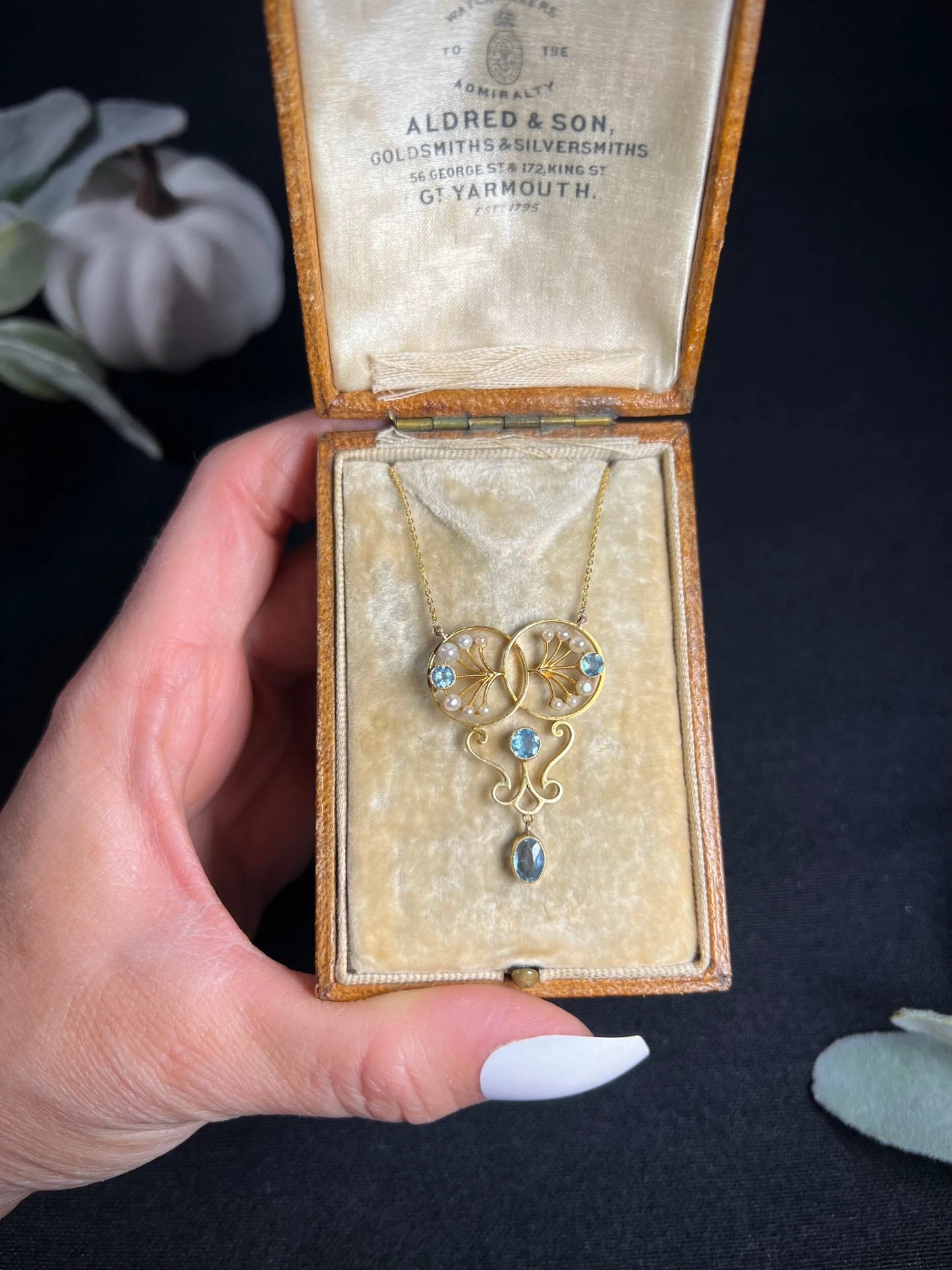 Antique 15 ct Gold Edwardian Aquamarine And Seed Pearl Pendant Necklace