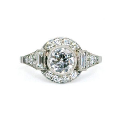 Vintage Art Deco Style Diamond and Platinum Cluster Ring, 1.39ct total, 0.74ct old European-cut diamond surrounded old mine-cut and baguette cut diamonds