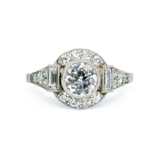 Vintage Art Deco Style Diamond and Platinum Cluster Ring, 1.39ct total, 0.74ct old European-cut diamond surrounded old mine-cut and baguette cut diamonds