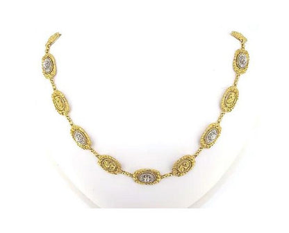Vintage French Diamond Set 18ct Yellow Gold Necklace; linked alternating ornate gold plaques, set with either a diamond or carved gold rose decoration.