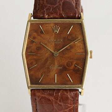 Rolex Cellini Vintage Wooden Dial 18ct Yellow Gold Manual Watch; with a unique wooden dial, on a brown crocodile strap with a Rolex pin buckle, Circa 1980s