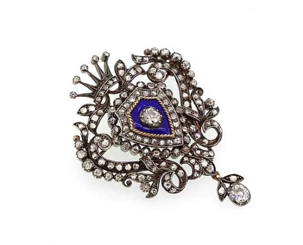 Antique Victorian 4.00ct Old-Cut Diamond and Blue Enamel Brooch