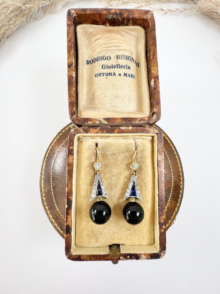 Antique 18ct Gold & Platinum, Edwardian Diamond, Sapphire, Onyx Drop Dangle Earrings