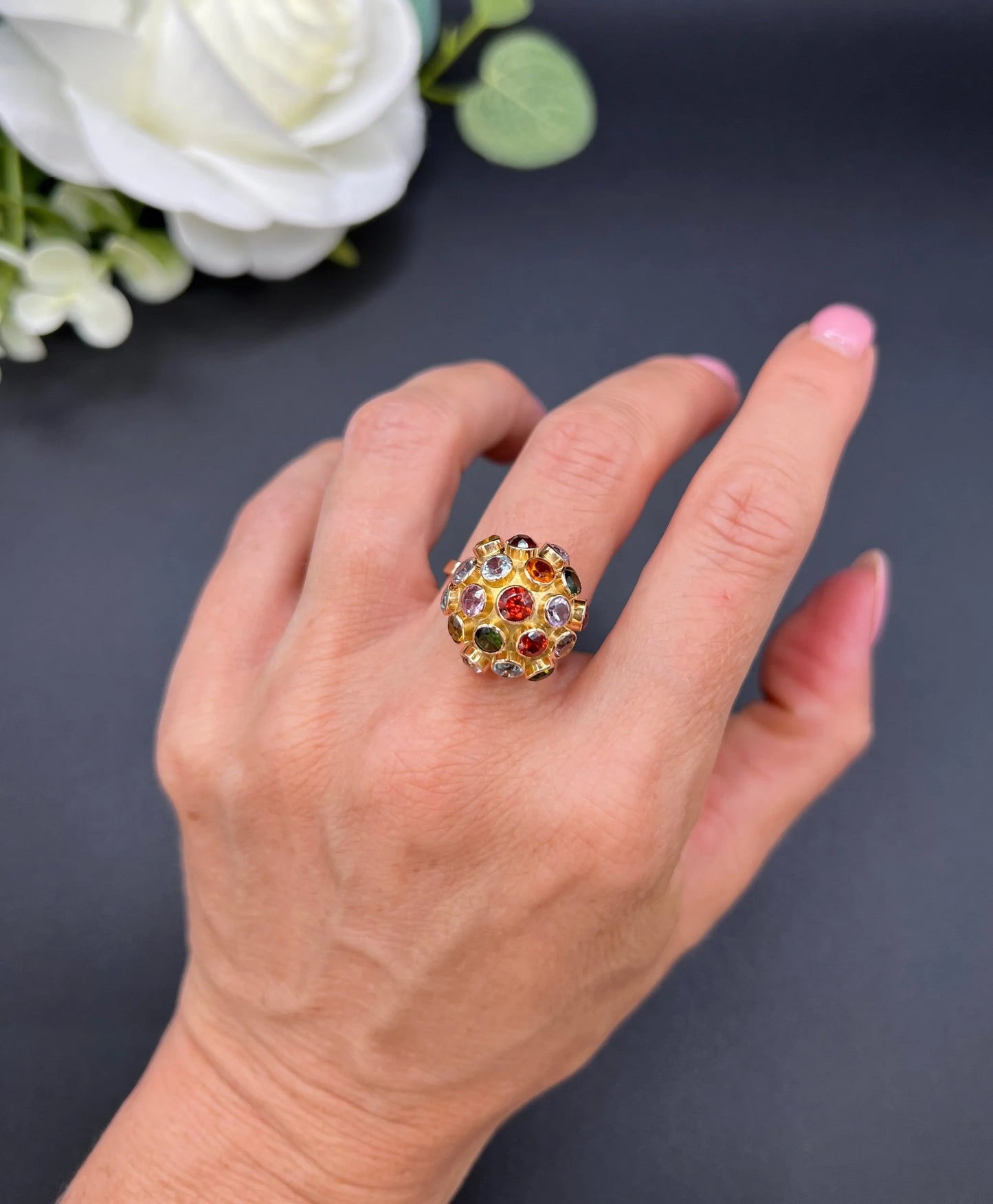 Vintage 18 ct Gold, 1950's Gemstone Set Sputnik Orb Ring
