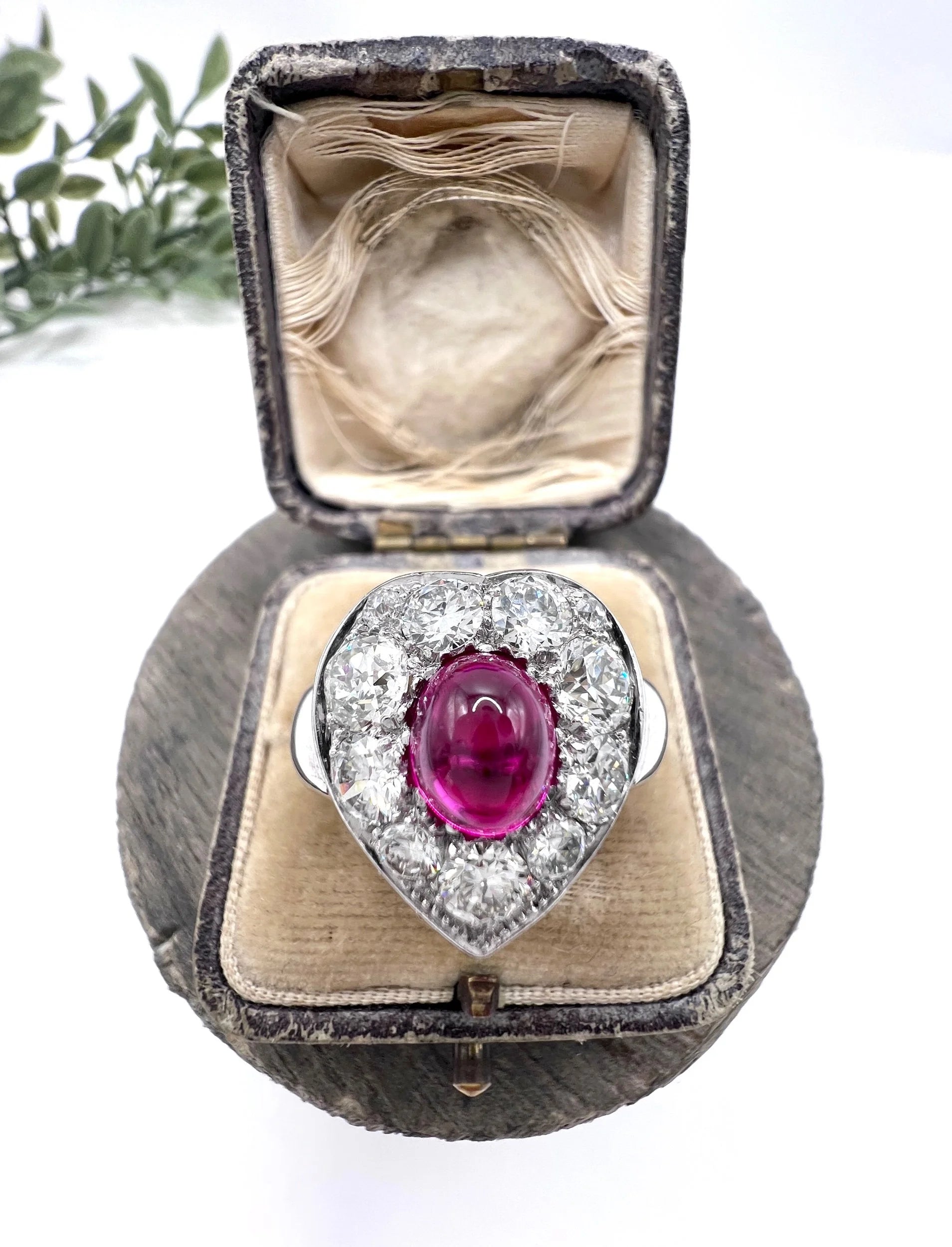 Vintage 14ct White Gold, Cabochon Ruby Heart-Shaped Diamond Cluster Ring