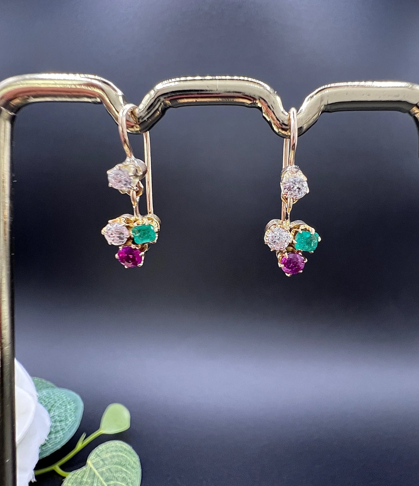 Antique 15ct Gold, Edwardian era Emerald, Ruby & Diamond Clover Earrings