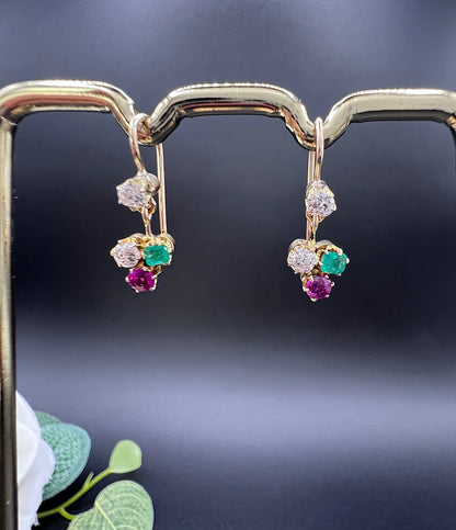 Antique 15ct Gold, Edwardian era Emerald, Ruby & Diamond Clover Earrings