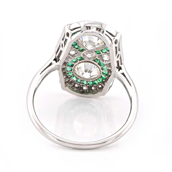 Edwardian Antique Diamond Two Stone and Emerald Cluster Plaque Ring