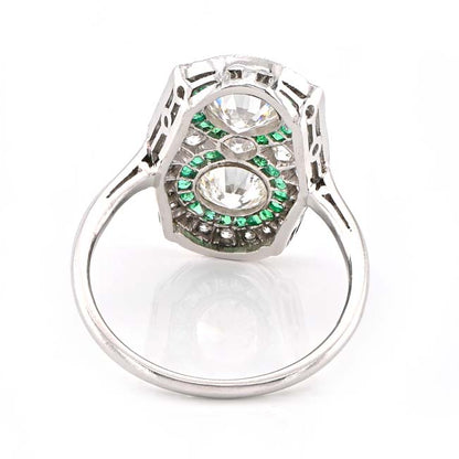Edwardian Antique Diamond Two Stone and Emerald Cluster Plaque Ring