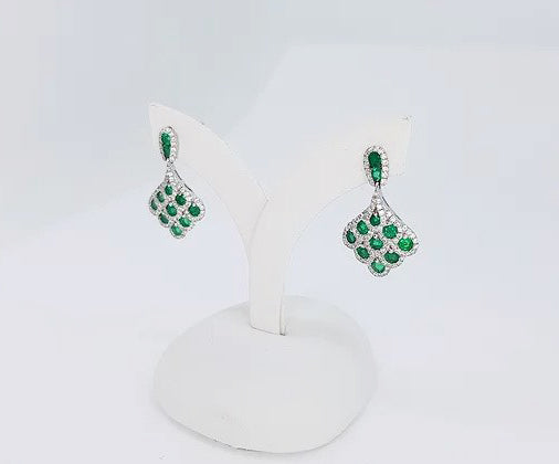 1.30ct Emerald and Diamond Fan Shaped Cluster Drop Earrings