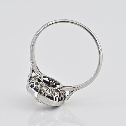 Vintage 2.10ct Old Mine Cut Diamond and Sapphire Target Cluster Engagement Ring in Platinum