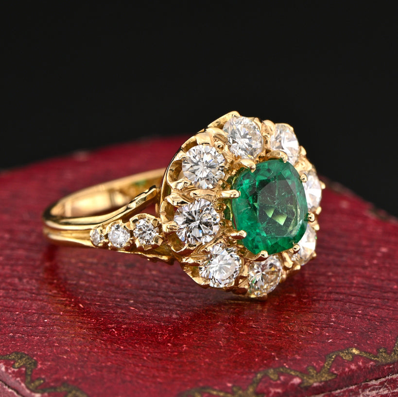 Vintage 1.30ct Cushion Cut Colombian Emerald and 1.60ct Diamond Cluster Engagement Ring in 18ct Yellow Gold
