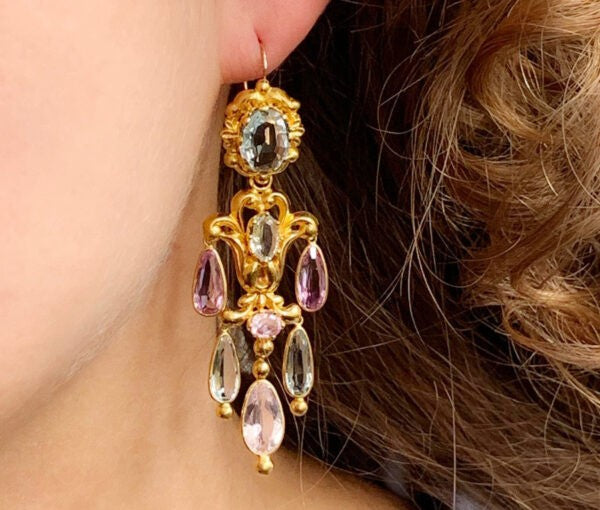 Antique Georgian Aquamarine and Pink Topaz Chandelier Drop Earrings; girandole day and night earrings, repoussé 18ct gold floral decoration, France 1819-1838.
