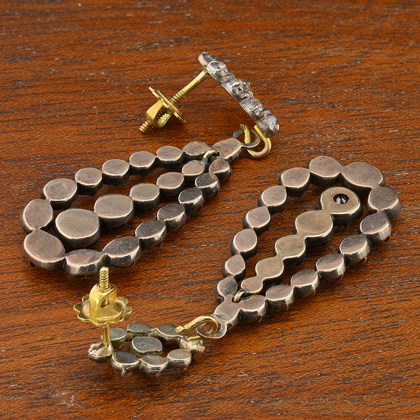 Georgian Antique 7.40ct Old Mine Cut and Table Cut Diamond Day and Night Drop Earrings