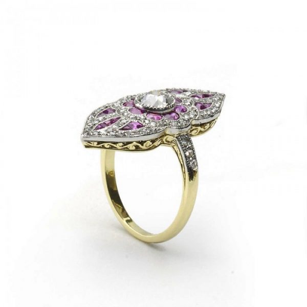 Belle Epoque Style Ruby and Diamond Cluster Plaque Ring
