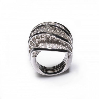 Cartier Paris Nouvelle Vague Diamond and Enamel Cocktail Ring; pavé set with 5.00 carats of round brilliant-cut diamonds in five wave-shaped formations, the edges with black enamel accents, in 18ct white gold, Signed