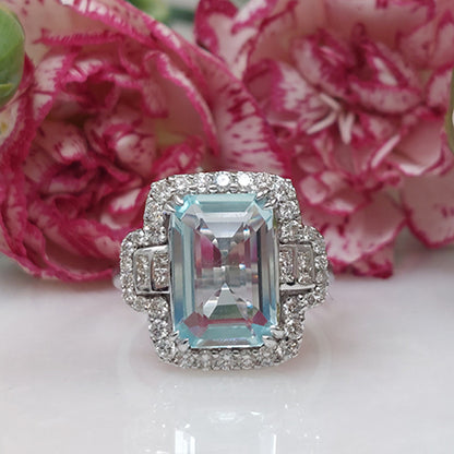 Aquamarine and Diamond Cluster Dress Ring with Princess Cut Diamond Shoulders
