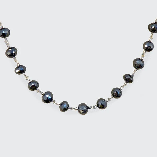 Vintage 100ct Briolette Black Diamond Bead Long Necklace with White Diamond Clasp, Circa 1970
