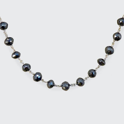 Vintage 100ct Briolette Black Diamond Bead Long Necklace with White Diamond Clasp, Circa 1970