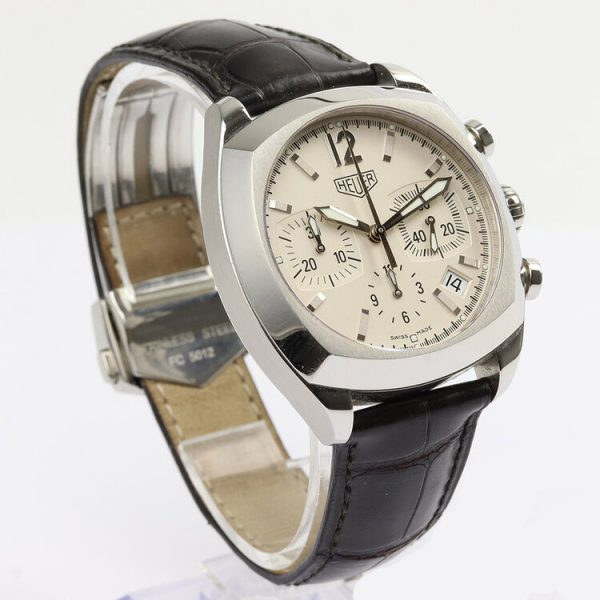 Tag Heuer Monza Re Edition 38mm Stainless Steel Automatic Chronograph Watch with White Dial, Ref. CR2111, on a Tag Heuer black crocodile strap with push-button deployment buckle, Circa 1990s