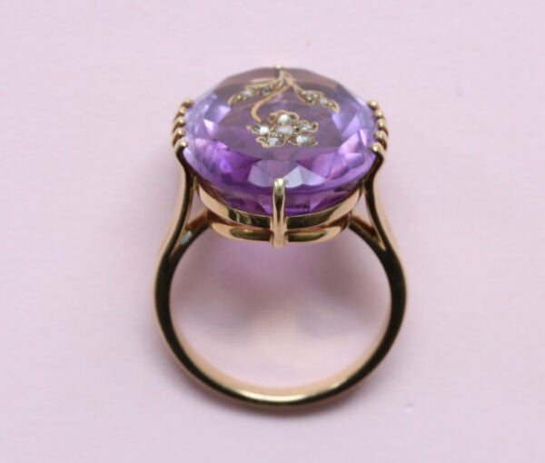 Antique Edwardian Oval Amethyst and Rose Cut Diamond Flower Ring