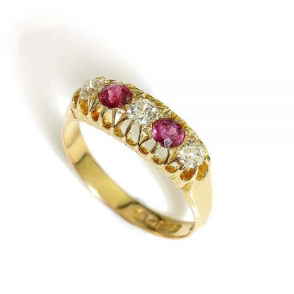 Antique Burma Ruby and Old Cut Diamond Five Stone Ring; set with two round faceted Burmese rubies and three old-cut diamonds in 18ct yellow gold, Made in Sheffield, Circa 1862