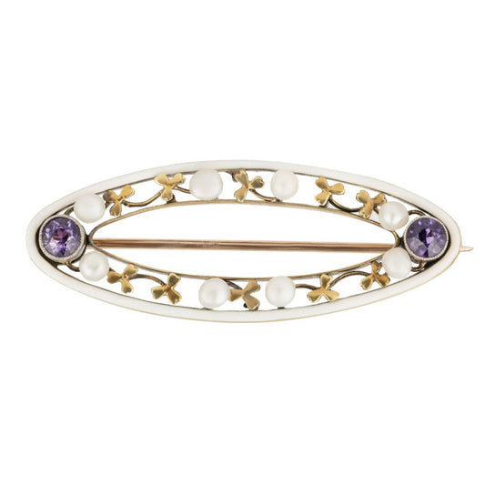 Art Nouveau Amethyst Pearl and White Enamel Brooch in 15ct Yellow Gold