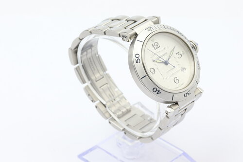 Cartier Pasha 38mm Stainless Steel Automatic, silver colour guilloche dial, date indicator, Arabic numerals, unidirectional rotating bezel, sapphire crown cap, sapphire crystal, calibre 191 - visible through a display back, on a stainless steel bracelet