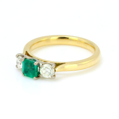 Emerald and Diamond Three Stone Ring in 18ct Yellow Gold