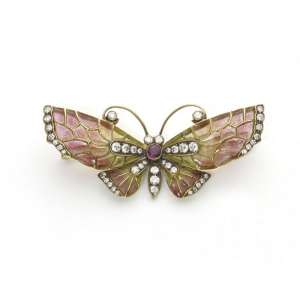 Red to Yellow Enamel and Diamond Butterfly Brooch; red to yellow plique á jour enamel wings, diamonds in the body and wings and a central ruby, in 18ct yellow gold