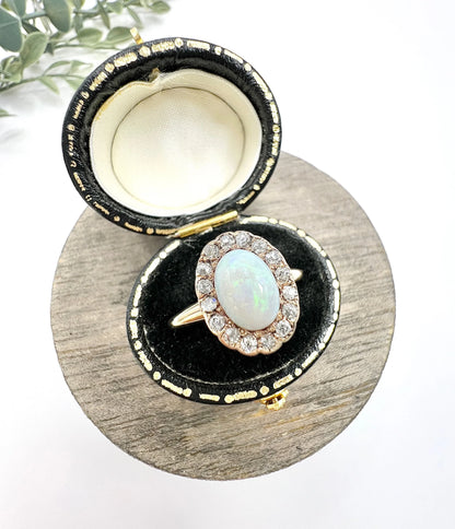 Antique 10 Carat Yellow Gold Victorian Opal And Diamond Cluster Ring