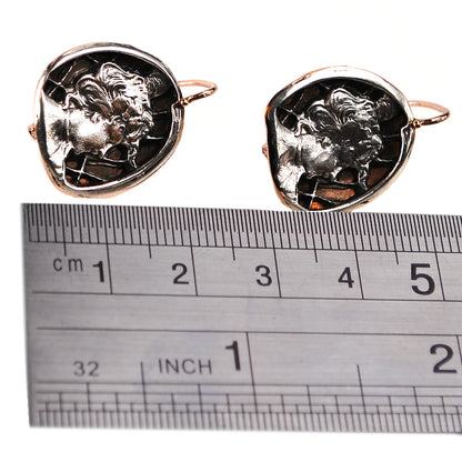 Art Nouveau 14 Carat Yellow Gold and Silver Repoussé Cameo Earrings
