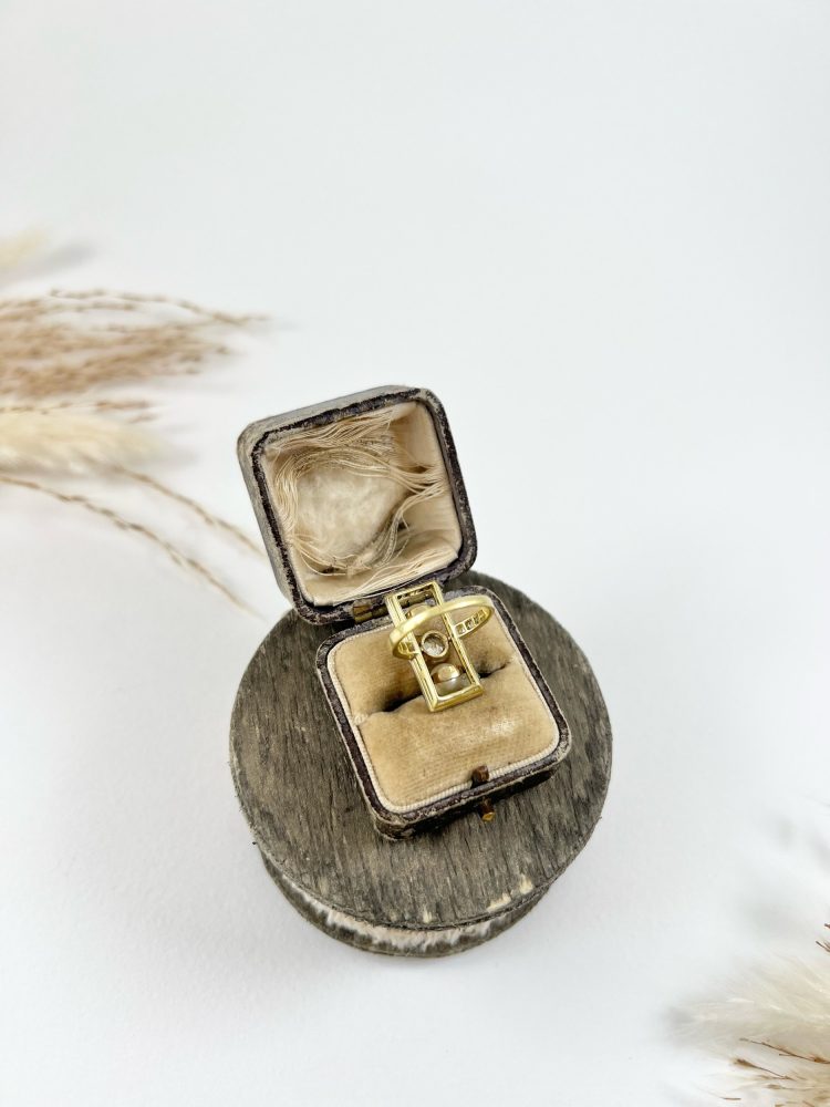 Edwardian Antique Pearl and Old Cut Diamond Trilogy Plaque Tablet Ring