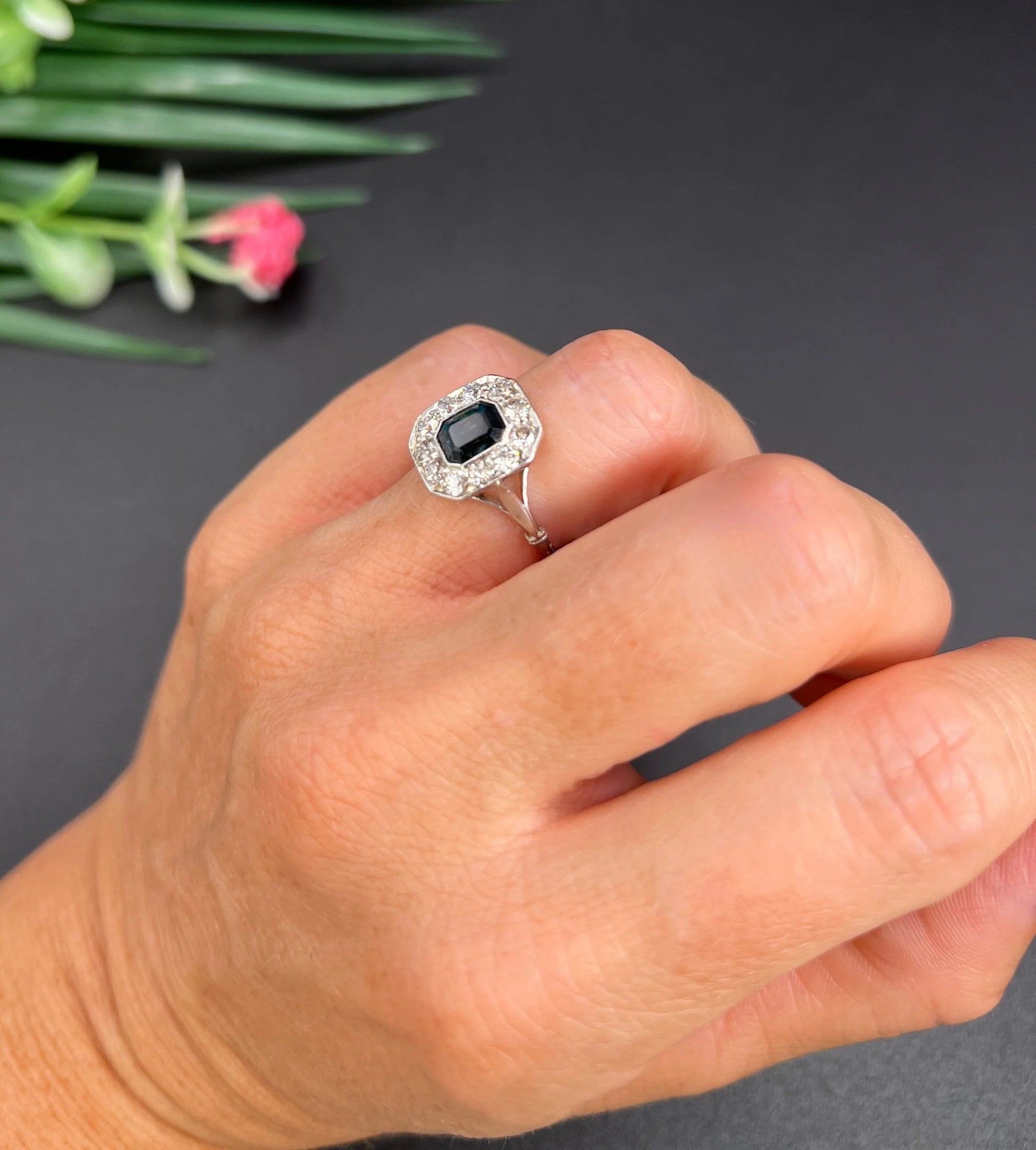 Art Deco Sapphire and Diamond Octagonal Shaped Cluster Engagement Ring 18ct gold and Platinum