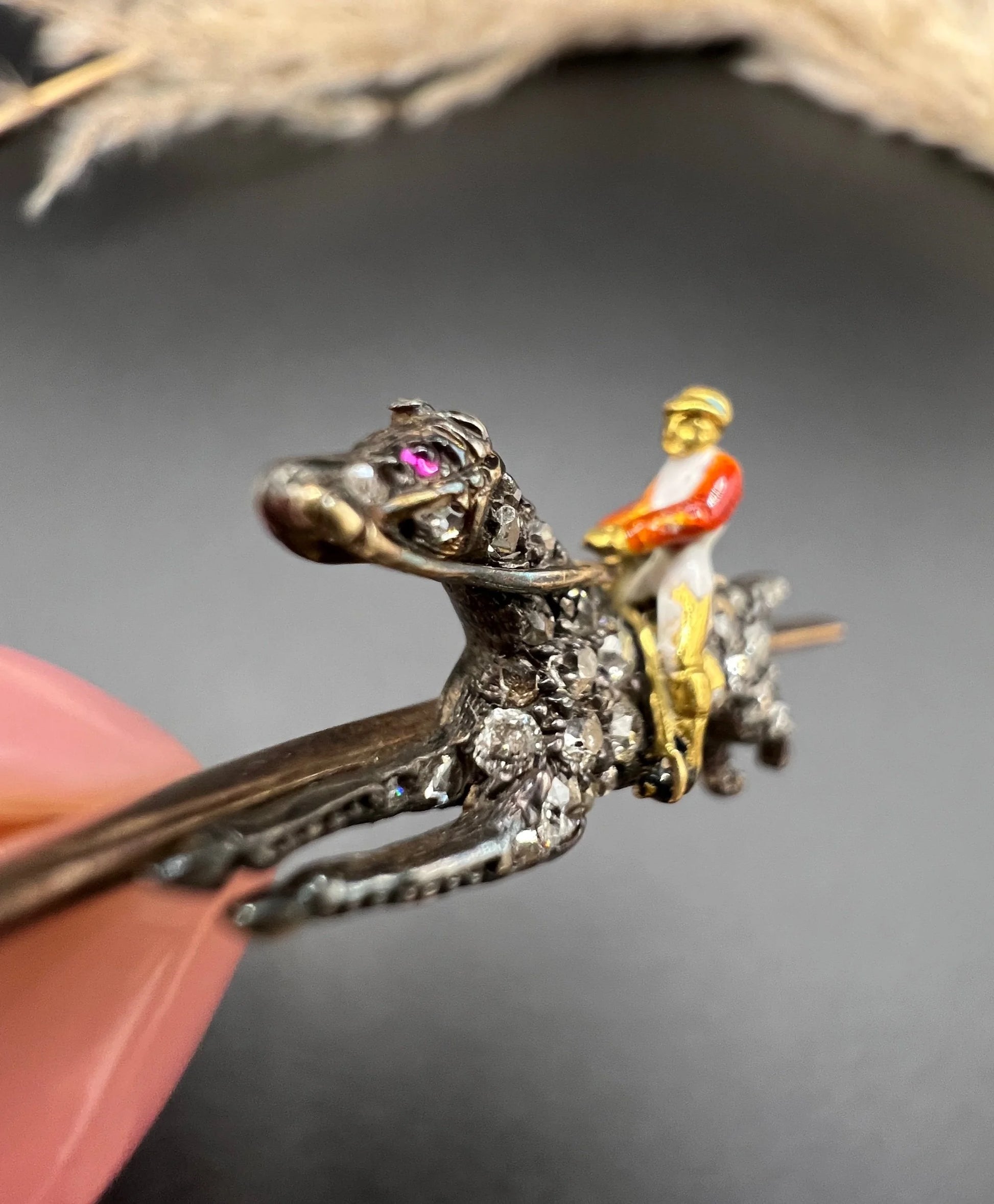 Antique 18 Carat Gold and Silver Diamond Horse and Enamel Jockey Brooch, Circa 1900